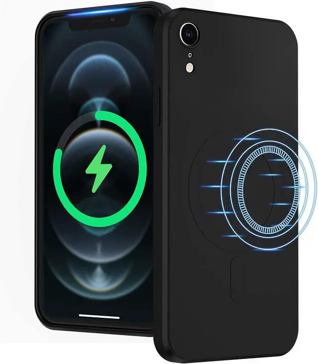 Main image of UEEBAI Liquid Silicone Wireless Charging Phone Case for iPhone XR, Built-in Magnets Compatible with MagSafing Faster Charging Slim Fit Soft Microfiber Cover - Black