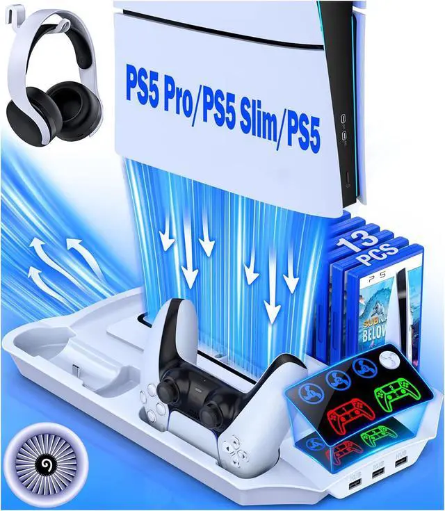 Main image of PS5 Pro/Slim/PS5 Stand and Cooling Station with Controller Charging Station for Playsation 5 Disc Digital Console, PS5 Accessories Incl. 3 Levels Cooling Fan, 13 Game Slots, 3 USB HUB, Headset Holder