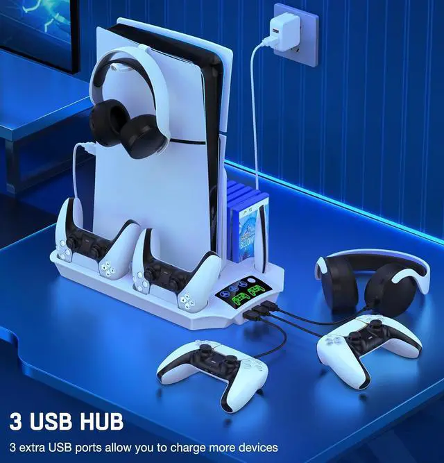 Alt view image 6 of 7 - PS5 Pro/Slim/PS5 Stand and Cooling Station with Controller Charging Station for Playsation 5 Disc Digital Console, PS5 Accessories Incl. 3 Levels Cooling Fan, 13 Game Slots, 3 USB HUB, Headset Holder