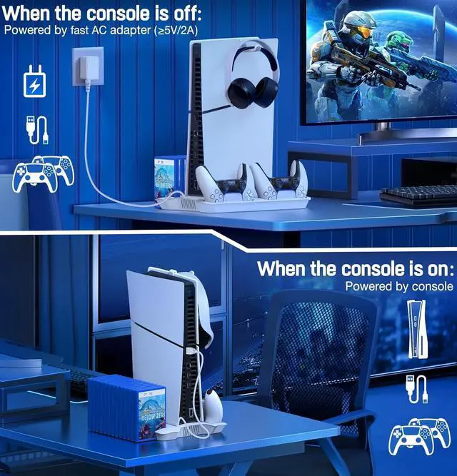Alt view image 7 of 7 - PS5 Pro/Slim/PS5 Stand and Cooling Station with Controller Charging Station for Playsation 5 Disc Digital Console, PS5 Accessories Incl. 3 Levels Cooling Fan, 13 Game Slots, 3 USB HUB, Headset Holder