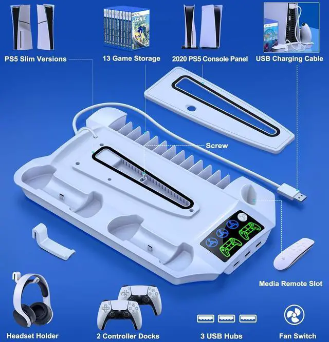 Alt view image 5 of 7 - PS5 Pro/Slim/PS5 Stand and Cooling Station with Controller Charging Station for Playsation 5 Disc Digital Console, PS5 Accessories Incl. 3 Levels Cooling Fan, 13 Game Slots, 3 USB HUB, Headset Holder