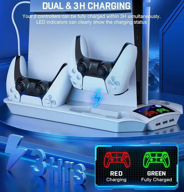 Alt view image 4 of 7 - PS5 Pro/Slim/PS5 Stand and Cooling Station with Controller Charging Station for Playsation 5 Disc Digital Console, PS5 Accessories Incl. 3 Levels Cooling Fan, 13 Game Slots, 3 USB HUB, Headset Holder