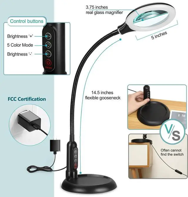 Alt view image 2 of 7 - 8X Magnifying Glass with Light and Clamp, 5 Color Modes Stepless Dimmable Lighted Magnifier with Stand, Flexible Gooseneck LED Desk Lamp Hands Free for Craft Reading Painting Hobby Close Work