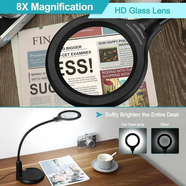 Alt view image 5 of 7 - 8X Magnifying Glass with Light and Clamp, 5 Color Modes Stepless Dimmable Lighted Magnifier with Stand, Flexible Gooseneck LED Desk Lamp Hands Free for Craft Reading Painting Hobby Close Work