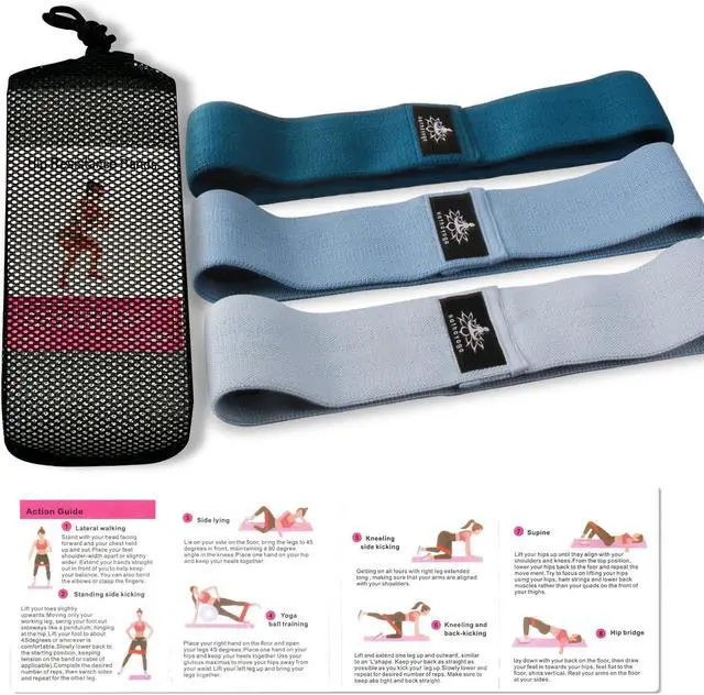 Alt view image 2 of 7 - Hatha Yoga Large Resistance Band,14.5" x3.15",Fabric Exercise Loop Bands with Instruction Guide and Carry Bag, Set of 3.