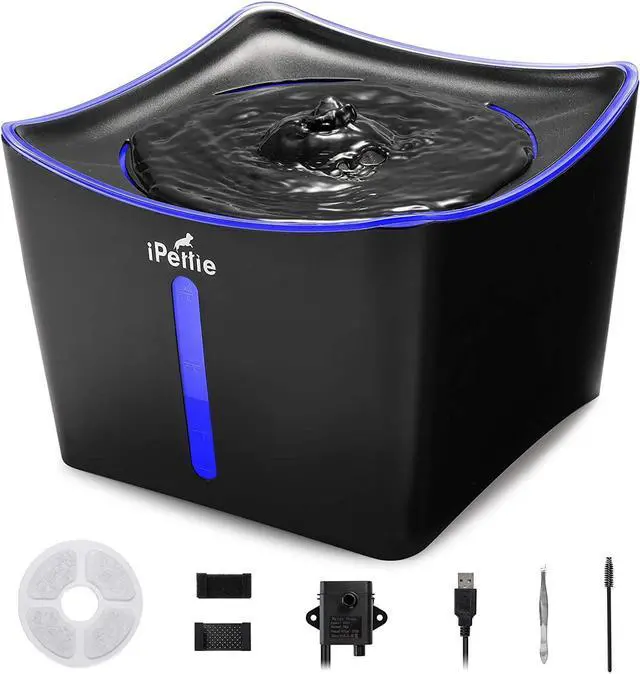 Main image of iPettie Kamino Cat Water Fountain, 101oz/3L, Ultra-Quiet Filtered Water Purifier, Automatic Waterer Dispenser with LED & Water Level Window, Auto Power Off USB Pump & Dual Filters for Pets, Black