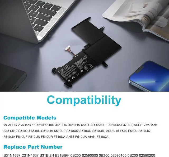 Alt view image 7 of 7 - Futurebatt B31N1637 C31N1637 Laptop Battery Replacement for ASUS VivoBook X510 X510U X510UQ X510UA X510UAR X510UF S15 S510U S510UF S510UQ S510UN S510UR S510UA F510 F510U F510UA F510QA B31B12H B31BI9H