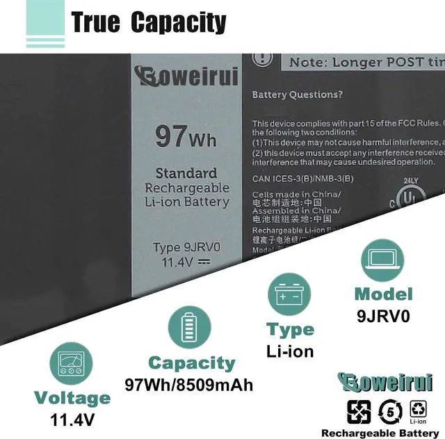 Alt view image 3 of 7 - 9JRV0 Laptop Battery Replacement for Dell Latitude 5521 5531 Precision 3571 3561 3581 3591 Alienware M17 R5 M18 R1 R2 Series Notebook 05RGW 005RGW 53XP7 053XP7 97Wh 8071mAh