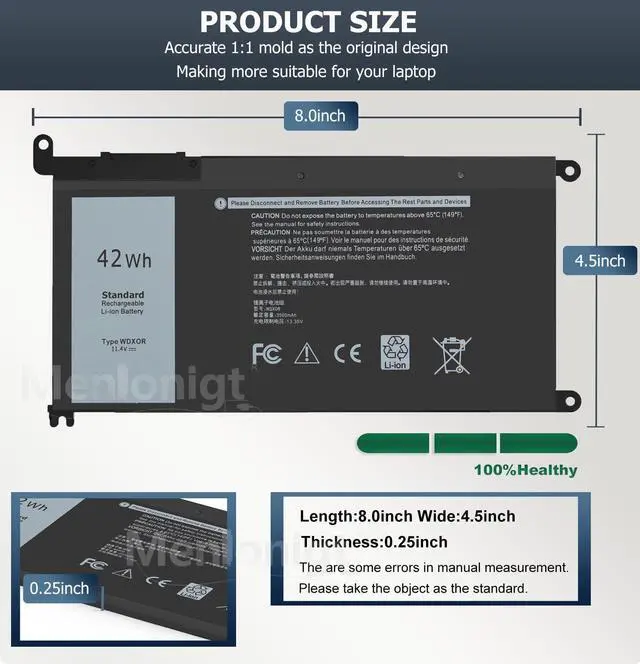 Alt view image 5 of 7 - 42wh WDXOR Laptop Battery for Dell Inspiron 13 15 5000 7000 Series 15 5565 5567 5568 5578 5579 7560 7570 13 7368 7378 5378 17 5765 5767 5770 P58F P66F, Latitude 3189 3390 & more WDXOR P69G 3CRH3