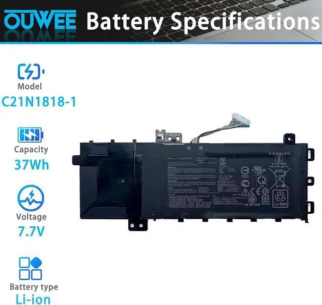 Alt view image 2 of 6 - C21N1818-1 Laptop Battery Compatible with Asus VivoBook 15 F512FA F512DA-SH31 X512FA X512FB X512FL X512FJ X512DA X512UF-BQ135T X512FA-BQ064T X512FL-EJ205 Serie 0B200-03190800 M929-03KF 7.7V 37Wh