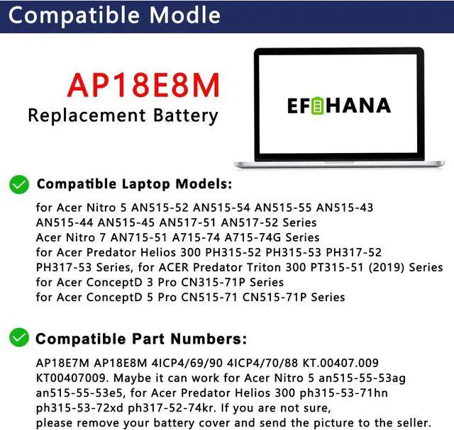 Alt view image 3 of 6 - AP18E8M AP18E7M Battery for Acer Nitro 5 AN515-55 AN515-52 AN515-44 AN515-43 AN515-45 AN515-44-R99Q AN517-52 AN517-55 Nitro 7 AN715-51 Aspire 7 A715-74G-7511 Predator Helios 300 PH315-52 PH315-53
