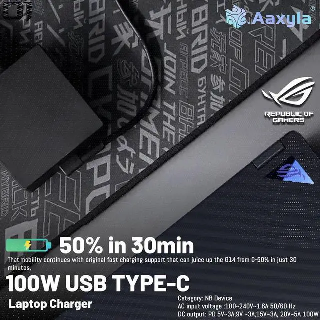 Alt view image 3 of 7 - 100W USB Type c Laptop Charger Compatible with Asus rog Ally chromebook zenbook Vivobook x7 14 14x z13 x13 gv301 gz301 ux425qa ga401qm gz301ze-z13 A20-100P1A Power Adapter (asus 100w Laptop Charger)