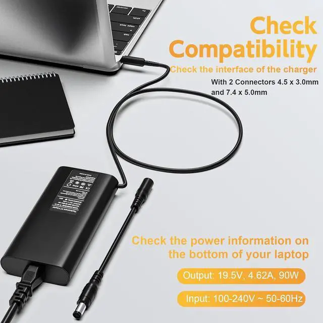 Alt view image 2 of 7 - 90W Laptop Charger for Dell Inspiron 11 13 14 15 17 3000 5000 7000 Series; for dell inspiron 15 3000 15-3552, 3555, 3558, 3565, 3567, 3582, 3583, 3590, 3593, 3595 Round Connectors Power Supply