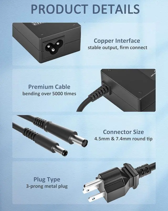 Alt view image 3 of 6 - Charger Compatible with Dell Laptop 90W 65W 45W Latitude/Vostro/XPS 13 14 15, OptiPlex Micro Desktop, Studio/Studio XPS Notebook PC AIO Desktop Power Cord with Round Connector 4.5mm and 7.4mm
