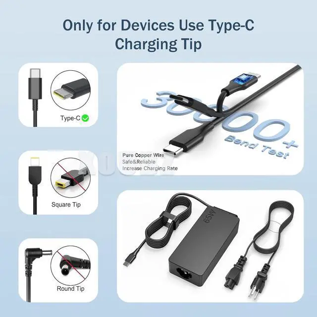 Alt view image 4 of 7 - Replacement for 65W Lenovo Laptop Charger USB C for Lenovo ThinkPad Yoga chomebook Computer Type c Fast Power Adapter