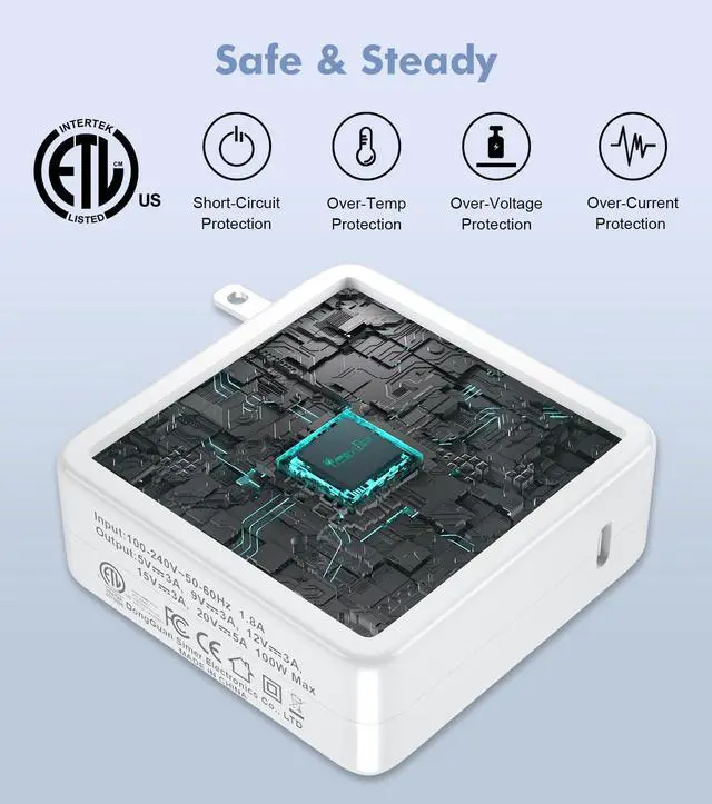 Alt view image 2 of 6 - USB C Laptop Charger 100W GaN Fast Charging Universal Replacement for MacBook Charger, HP, Dell XPS, Lenovo, Acer, ASUS, MSI Computer Tablet Phone Type C AC Adapter Power Cord 6.5ft 5A 45W 36W PD 3.0