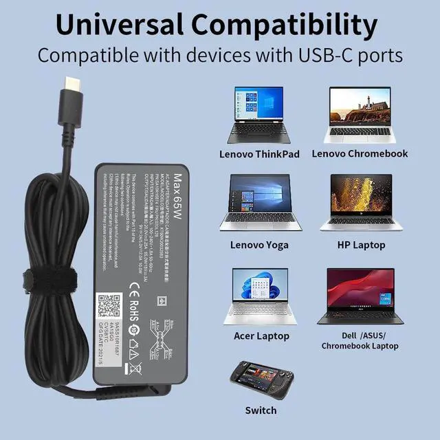 Alt view image 3 of 6 - 65W USB C Laptop Charger for Lenovo Thinkpad T480 T580, Yoga, Chromebook Computer Power Cord Replacement Type C Lenovo Laptop Charger USB C