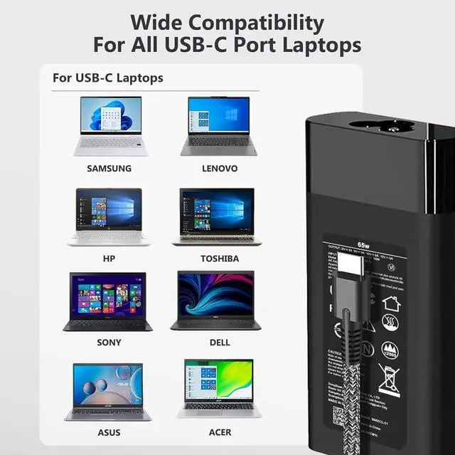Alt view image 7 of 7 - New Slim 65W HP USB C Laptop Charger Replacement for HP Chromebook X360, Envy X360, Elitebook X360, Spectre X360,Elitebook/Chromebook/Elite x2/Envy/ProBook Travel Type C Power Cord Supply