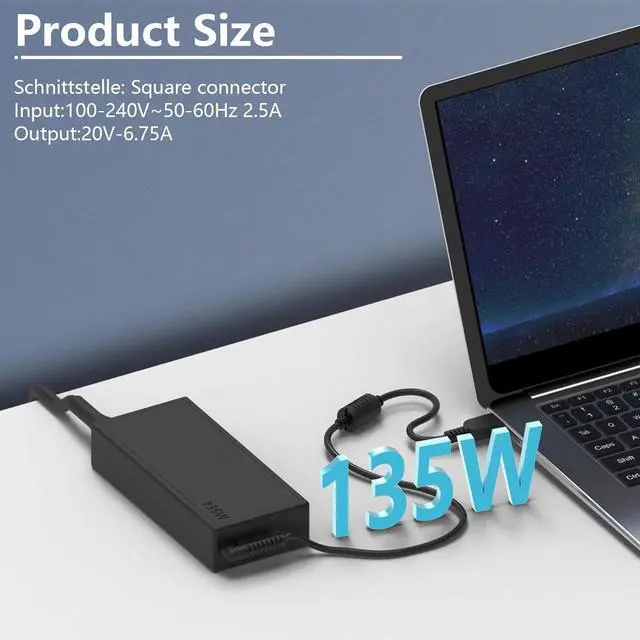 Alt view image 2 of 7 - 135W Original Replacement Laptop Charger Fit for Lenovo Thinkpad X1 P1 P15v T15p T16 2nd 3rd 4th Yoga 9i ADL135NLC3A Slim Tip 4X20E50558 Lenovo Ideapad Gaming L340 3-15 Lenovo Dock Power Supply Cord