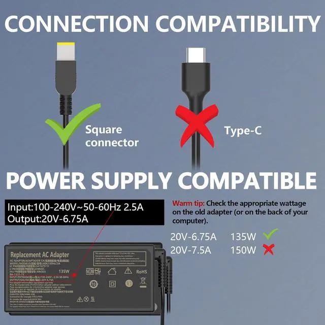 Alt view image 7 of 7 - 135W Original Replacement Laptop Charger Fit for Lenovo Thinkpad X1 P1 P15v T15p T16 2nd 3rd 4th Yoga 9i ADL135NLC3A Slim Tip 4X20E50558 Lenovo Ideapad Gaming L340 3-15 Lenovo Dock Power Supply Cord