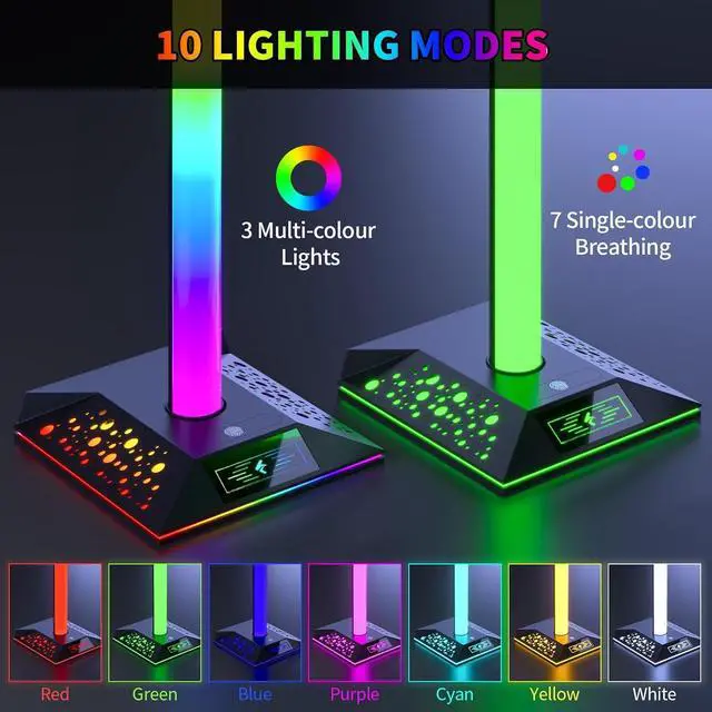 Alt view image 5 of 7 - Gaming Headset Stand, RGB Headphone Holder with 2 USB Ports for Desk | RGB lighting effects, 2 USB charging ports, sturdy non-slip base. Perfect for gaming desk, office, gift for gamers.