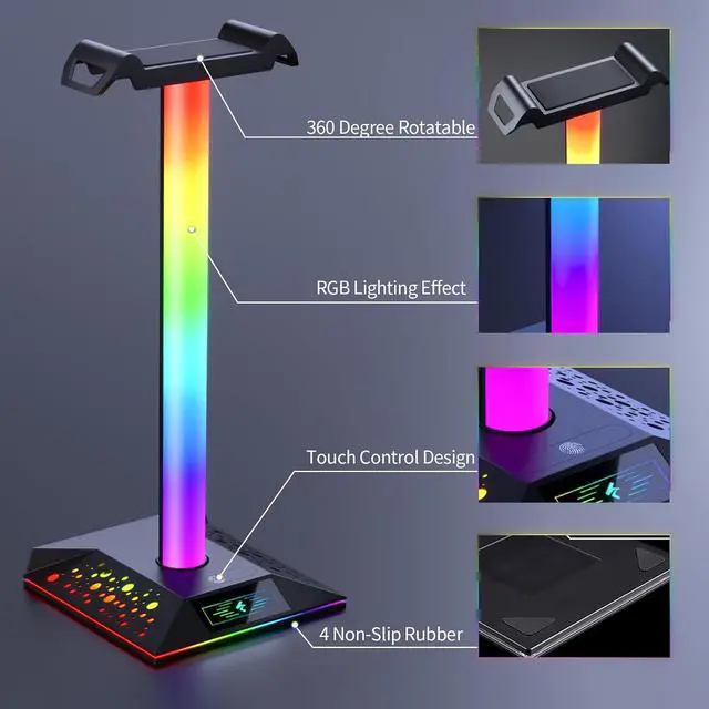 Alt view image 7 of 7 - Gaming Headset Stand, RGB Headphone Holder with 2 USB Ports for Desk | RGB lighting effects, 2 USB charging ports, sturdy non-slip base. Perfect for gaming desk, office, gift for gamers.