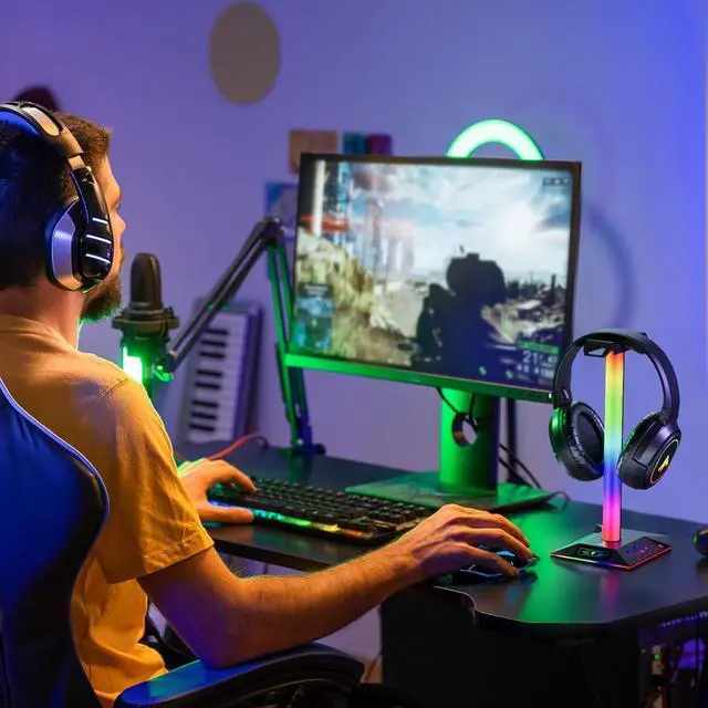 Alt view image 4 of 7 - Gaming Headset Stand, RGB Headphone Holder with 2 USB Ports for Desk | RGB lighting effects, 2 USB charging ports, sturdy non-slip base. Perfect for gaming desk, office, gift for gamers.