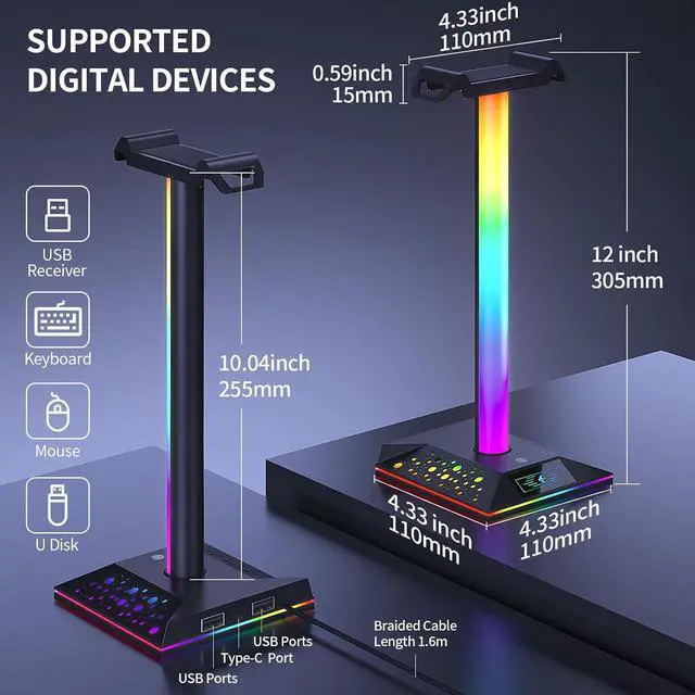 Alt view image 3 of 7 - Gaming Headset Stand, RGB Headphone Holder with 2 USB Ports for Desk | RGB lighting effects, 2 USB charging ports, sturdy non-slip base. Perfect for gaming desk, office, gift for gamers.