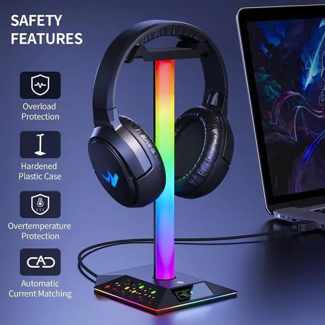 Alt view image 2 of 7 - Gaming Headset Stand, RGB Headphone Holder with 2 USB Ports for Desk | RGB lighting effects, 2 USB charging ports, sturdy non-slip base. Perfect for gaming desk, office, gift for gamers.