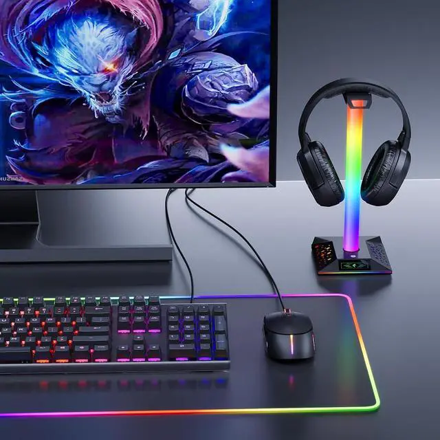Alt view image 6 of 7 - Gaming Headset Stand, RGB Headphone Holder with 2 USB Ports for Desk | RGB lighting effects, 2 USB charging ports, sturdy non-slip base. Perfect for gaming desk, office, gift for gamers.