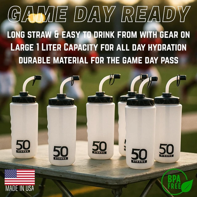 Alt view image 2 of 7 - 50 Strong 1 Liter BPA-Free Plastic Round Sports Water Bottle with Straw - 6 Pack