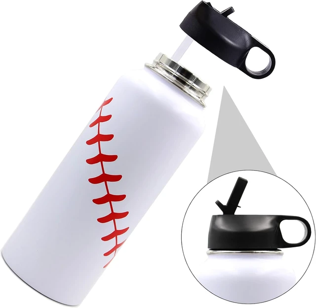Alt view image 2 of 6 - 40 oz Baseball Water Bottle, Stainless Steel Vacuum Insulated Water Bottle with Straw and 2 Lids, Double Wall Leakproof Sports Flask, Baseball Gifts for Boys, Men, Mom, Coach