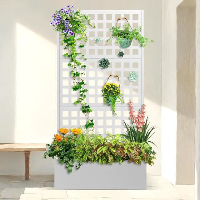 Main image of Metal Planter Box with Trellis & Wheels, Raised Garden Bed with Privacy Screen, Outdoor Standing Flower Beds with Drainage Hole for Climbing Plants, Vine, 35" Lx16 Wx71 H