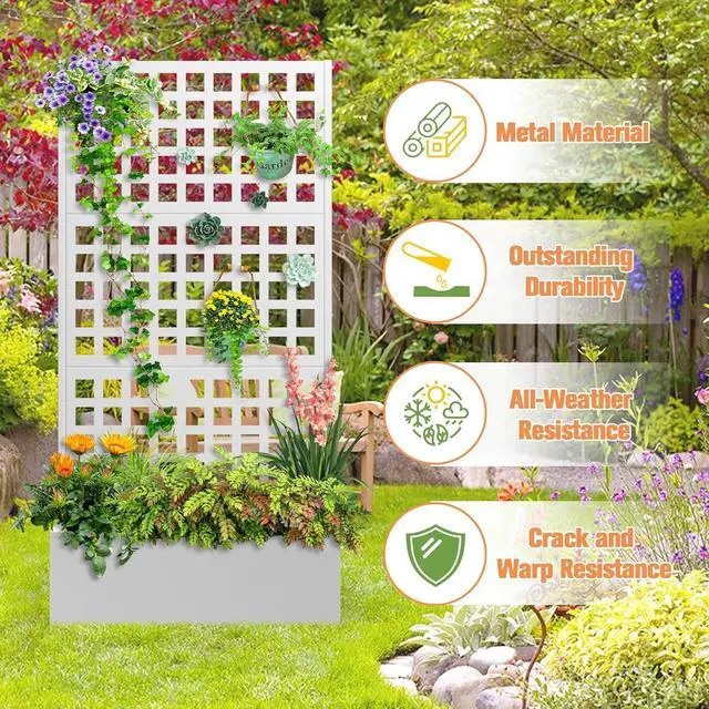 Alt view image 3 of 7 - Metal Planter Box with Trellis & Wheels, Raised Garden Bed with Privacy Screen, Outdoor Standing Flower Beds with Drainage Hole for Climbing Plants, Vine, 35" Lx16 Wx71 H