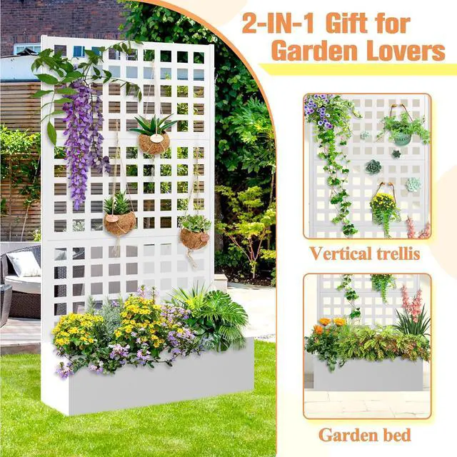 Alt view image 4 of 7 - Metal Planter Box with Trellis & Wheels, Raised Garden Bed with Privacy Screen, Outdoor Standing Flower Beds with Drainage Hole for Climbing Plants, Vine, 35" Lx16 Wx71 H