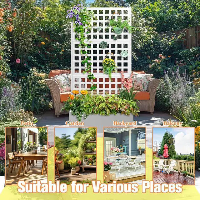 Alt view image 7 of 7 - Metal Planter Box with Trellis & Wheels, Raised Garden Bed with Privacy Screen, Outdoor Standing Flower Beds with Drainage Hole for Climbing Plants, Vine, 35" Lx16 Wx71 H
