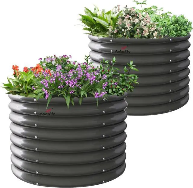 Main image of A ANLEOLIFE 2-Pack 3ft x 24 Tall Galvanized Raised Garden Beds Outdoor, Round Metal Planter Box for Planting Vegetables Flowers Herb, Anti-Rust & Easy-Setup, Quartz Grey