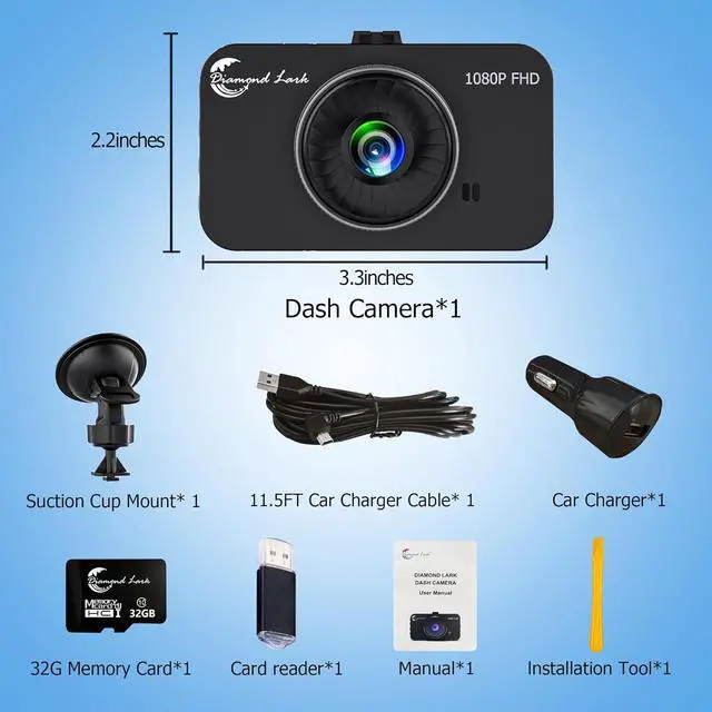 Alt view image 6 of 6 - 1080P Full HD Dash Camera for Cars, Diamond Lark Dash Cam Front with 32G SD Card, 3LCD Screen, 170°Wide Angle, Dashboard DashCam with Loop Recording, HDR, Night Vision, G-Sensor, Parking Monitor