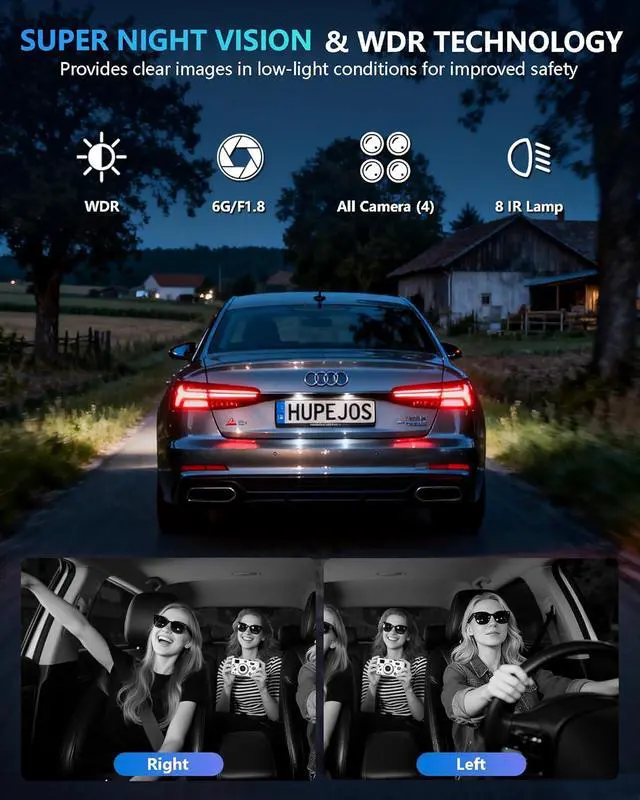 Alt view image 5 of 7 - Dash Cam 4 Channel Front and Rear Inside, 360° Car Camera 4K UHD, Dash Camera for Cars Built-in Wi-Fi GPS, Dashcam with 64GB Card, Voice Control, CPL Filter, WDR Night Vision, 24H Parking Mode(V8PLUS)