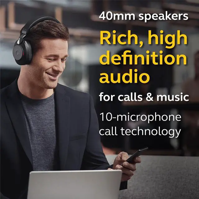 Alt view image 20 of 20 - Jabra Evolve2 85 UC Wireless Headphones with Link380a, Stereo, Black - Wireless Bluetooth Headset for Calls and Music, 37 Hours of Battery Life, Advanced Noise Cancelling Headphones