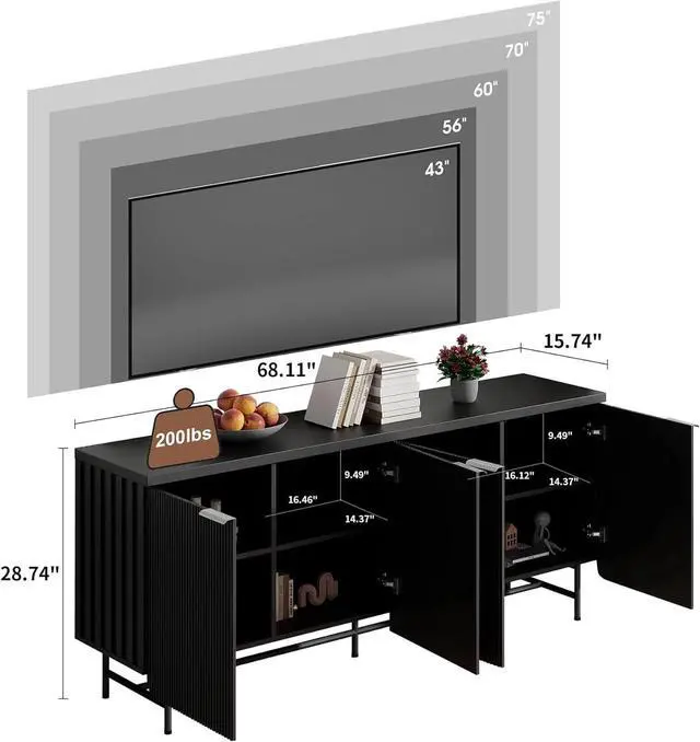 Alt view image 6 of 6 - 68" Farmhouse Wooden Sideboard Buffet with Shelves and Doors
