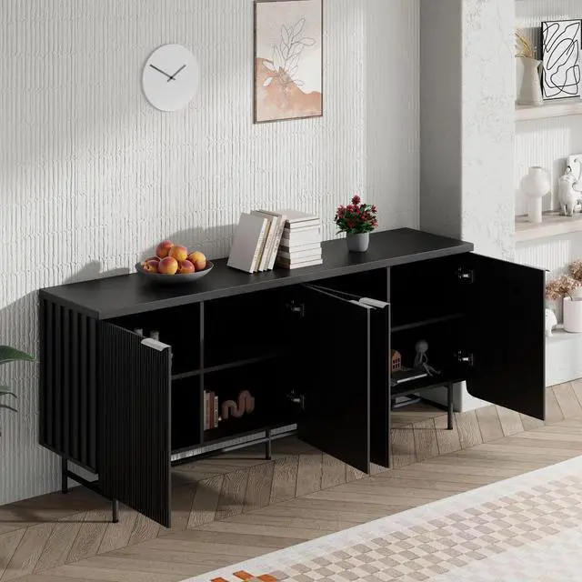 Alt view image 2 of 6 - 68" Farmhouse Wooden Sideboard Buffet with Shelves and Doors