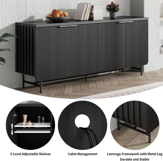 Alt view image 4 of 6 - 68" Farmhouse Wooden Sideboard Buffet with Shelves and Doors