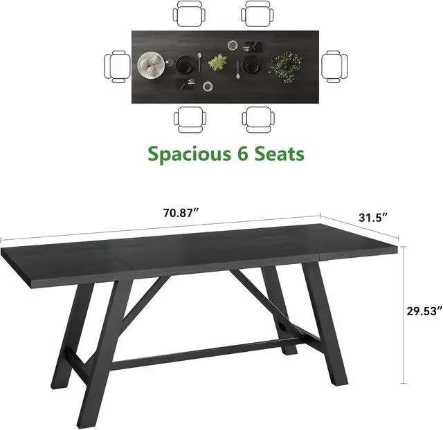Alt view image 3 of 6 - 70.8" Large Modern Dining Table with Sturdy Iron Legs for 6 People