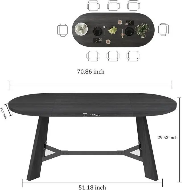 Alt view image 4 of 5 - 70.86" Oval Rustic Dining Table with Sturdy Tapered Legs