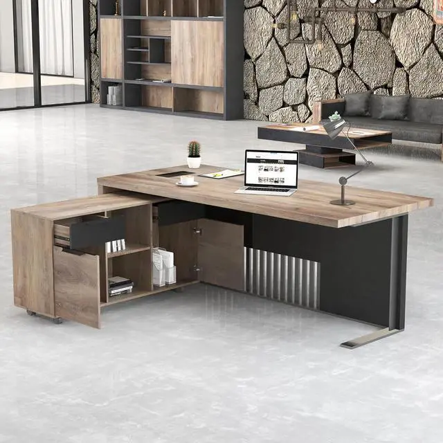 Alt view image 3 of 7 - 63 inch L Shaped Executive Desk with 2 Drawers File Cabinets Storage(Left Hand Return)