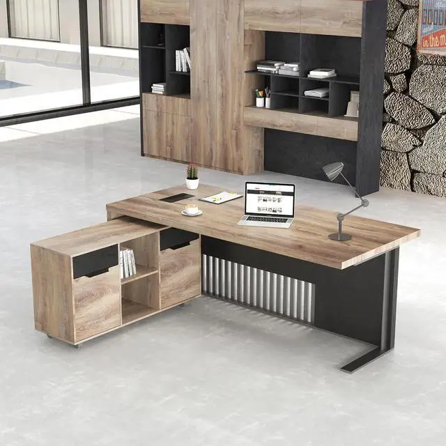 Alt view image 6 of 7 - 63 inch L Shaped Executive Desk with 2 Drawers File Cabinets Storage(Left Hand Return)