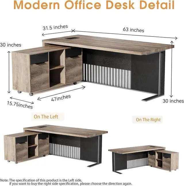 Alt view image 4 of 7 - 63 inch L Shaped Executive Desk with 2 Drawers File Cabinets Storage(Left Hand Return)