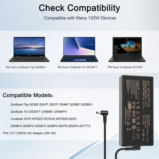 Alt view image 4 of 6 - Energizewiz 120W Laptop Charger for Asus Zenbook Flip 15 Asus Vivobook Pro 14 Pro 15,20V /6.0A AC Adapter for Asus Vivobook Pro 16X, Asus Laptop Charger (4.5 * 3.0mm)