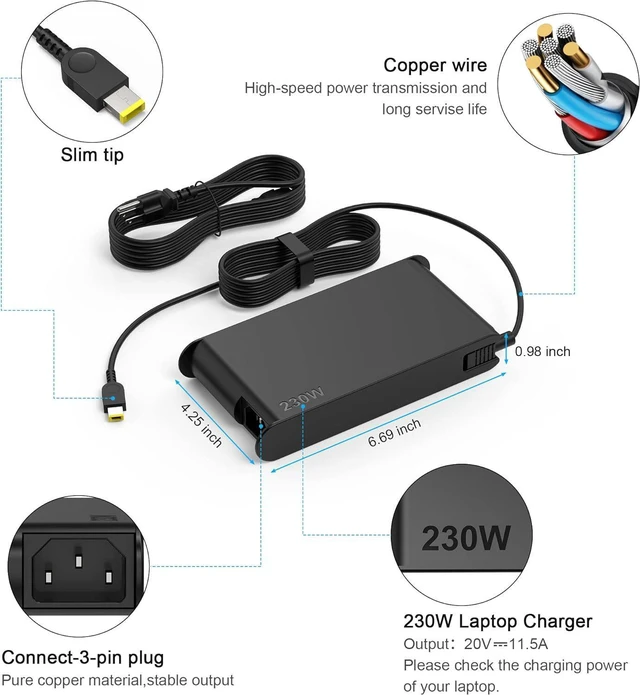 Alt view image 3 of 7 - Energizewiz 230W Legion Charger fit for Lenovo 20V 11.5A Legion 5 7 5P C7 S7 Y540 Y545 Y740 Y730 Y900 Y910 Y7000 Y7000P R7000P ADL230SCC3A USB Rectangular Tip